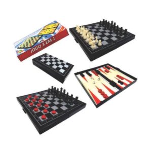 Jogo de Tabuleiro 3 em 1 Xadrez, Dama e Gamão Pequeno