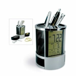 Porta canetas com relógio digital e porta clips
