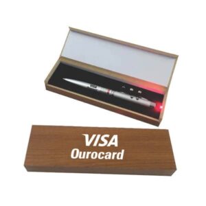 Caneta Esferográfica Lanterna e Laser Estojo Caixa Madeira